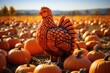 Vegan or vegetarian thanksgiving: turkey made out of pumpkin in a pumpkin field 