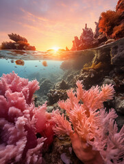 Poster - Coral garden at dusk: Soft corals swaying in gentle ocean currents, illuminated by the setting sun, orange and pink hues