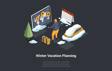 Concept Of Winter Holidays, Family Christmas Vacations. Man With Luggage Is Planning Winter Vacations. Character Book Hotel, Buy Tickets Online On Computer. Isometric 3D Cartoon Vector Illustration