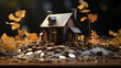A model home surrounded by coins. Real estate market growth, Generative AI