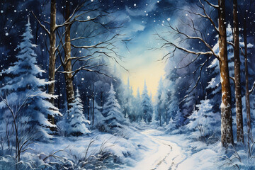 Wall Mural - Night Winter Forest Road Watercolor