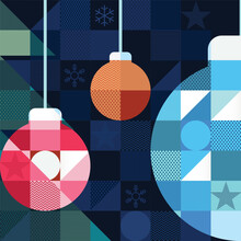 Colorful Christmas Ball And Geometric Elements In Blue Mosaic Background. Merry Christmas And Happy New Year Greeting Card Vector Illustration Template.