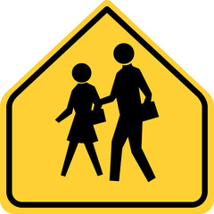 Wall Mural - Transparent PNG of a Vector graphic of a USA old style School Zone Ahead mutcd highway sign. It consists of a child and an adult crossing the road in a yellow arrow shape