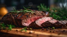 Grilled beef steak with rosemary and spices on a wooden board