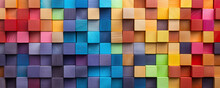 Colored Wooden Cubes Wall. Abstract Geometric Rainbow Blocks. Wide Banner