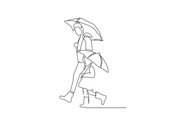 Wall Mural - mother and her little daughter walking together with umbrella rainy day life full body length line art design