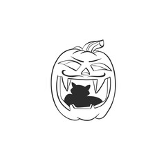 Wall Mural - Hand drawn vector abstract graphic,black,line art Jack O lantern happy Halloween pumpkin face with cat,outline isolated. Halloween Character outline autumn design concept. Scary horror Halloween icon.