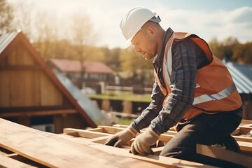 Photo of a male roofer is in the process of strengthening the wooden structures of the roof of a house. A middle-aged Caucasian man is working on the construction of a wooden frame house.