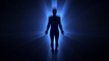 Human Being Or Individuality Or Personality Psychologic Concept With Abstract Human Body Silhouette Surrounded Bright Blue Rays On Black Background. Loop Animation Of Light Burst Auras Around A Man