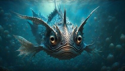 Wall Mural - deep underwater big eyed creature, monster dark teeth, mouth aquatic