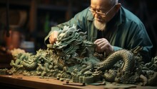 A Craftsman Carves A Chinese Cultural Dragon From Wood As A Sign Of The New Year.