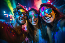 Cheerful Young Friends Having Fun At Colorful Rave Party. Happy Women And Men Enjoying Themselves And Dancing. Group Of People At Music Concert.