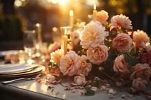 Beautifully Wedding Table Decorated With Candle And Flowers. Outdoor Wedding Reception For Large Number Of Guests.
