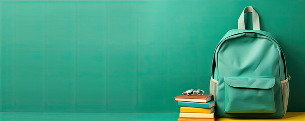 Green school bag with school acessories on green background. banner.