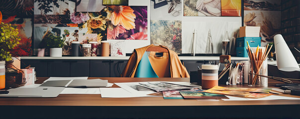 Interior designer at table working with color samples art tools blueprint. house renovation concept