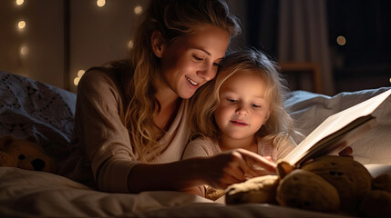 a beautiful mother reading a book to her daughter in bed before going to sleep. generative ai