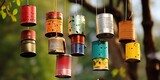 Fototapeta  - Discarded tin cans creatively stacked and turned into a wind chime, concept of Upcycled art