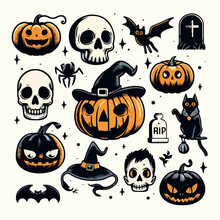 Halloween element collection, Vintage 50s cartoon Illustration