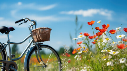 Wall Mural - Beautiful spring summer natural landscape with a bicycle on a flowering meadow against a blue sky with clouds on a bright sunny day.