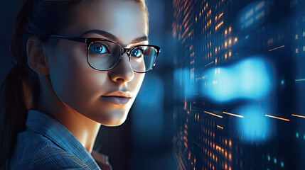 Close up face of professional it specialist female wear glasses using device writing code computer network maintenance. Generative Ai