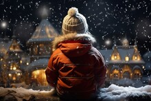 Rear Shot And High Angle View Of A Kid On Snow Christmas Theme.