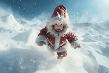  Rear shot and high angle view of a kid on snow christmas theme.