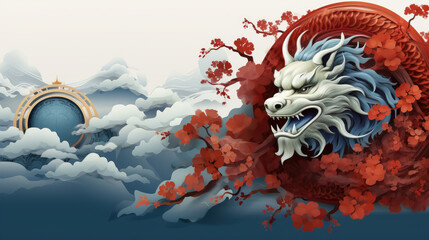 Wall Mural - New Year banner , Happy chinese new year 2024 blue dragon of asian elements with year of the dragon zodiac