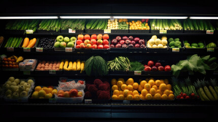 Fruits and Vegetables on shelf in supermarket. Generative Ai