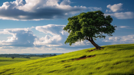 Landscape view of one big tree on the top of the hill with green grass on a hillside with blue sky and clouds in the background. Generative Ai