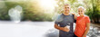 © aLListar/peopleimages.com - Mature, couple, portrait and fitness with mockup space and bokeh with smile from sport on road. Exercise, training and workout of a happy athlete on a street for health and wellness together outdoor