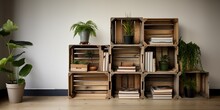 Old Wooden Crates Stacked Together And Used As An Innovative Display Shelf, Concept Of Vintage Storage
