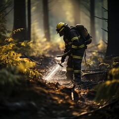 A professional firefighter extinguishes the flame. A burning forest and a man in a firefighter's uniform, rear view. Concept: Fire has engulfed nature, danger of arson.