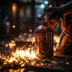 Wall Mural - A professional firefighter extinguishes the flame. A burning forest and a man in a firefighter's uniform, rear view. Concept: Fire has engulfed nature, danger of arson.