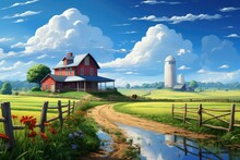 A Painting Of A Farm Scene Featuring A Vibrant Red Barn. This Picturesque Image Captures The Essence Of Rural Life And Is Perfect For Adding A Touch Of Country Charm To Any Project Or Design.