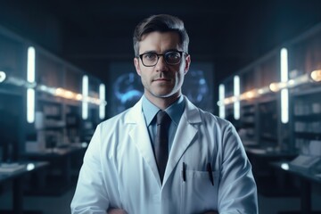 Canvas Print - A professional man wearing a lab coat and tie. This image can be used to represent a scientist or researcher in a laboratory setting.