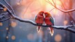 A pair of colorful love birds sitting on a snow-covered tree branch on a winter day, romantic scene.