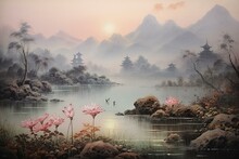 Stunning Oriental Brushwork Depicting A Serene Pond Scenery. Generative AI