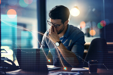 Aufkleber - Man, headache and stock market crash, financial fail or business investment mistake in night office overlay. Frustrated trader with depression, pain or stress and trading statistics or data on laptop