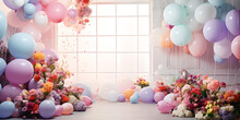 Bright Room With Large Window Decorated With Balloons And Flowers. Natural Light. Holiday Background. Copy Space