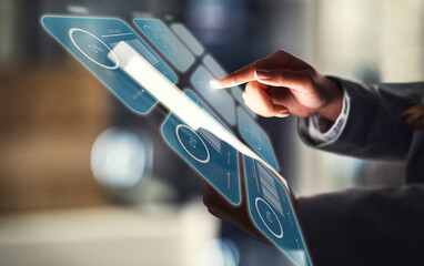 Poster - Tablet, business hands and screen hologram with job card, project and time management in night office. Professional person press and typing on digital technology, futuristic planning and 3d task app