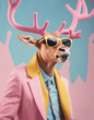 Portrait of a deer in a pink suit and pink glasses. Generative AI.