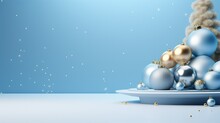 Christmas Themed 3D Background Featuring Various Ornaments And A Round White Podium For Showcasing Products