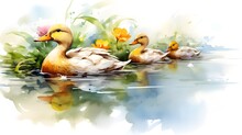 A Watercolor Painting Of Three Ducks Swimming In A Pond