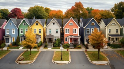 Bird s eye perspective of affluent suburban street in Maryland showcasing upscale residences with vibrant facades and evenly spaced tree adornments