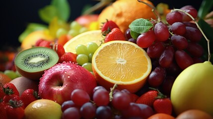 Wall Mural - Assorted fresh fruits on a healthy background Fruit salad for a nutritious breakfast pomegranate persimmon tangerine banana lemon