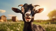 Adorable Black And Brown Goat Singing Outside In A Farm Zoo Or Park