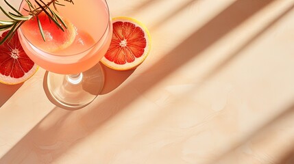 Poster - Blood orange grapefruit and rosemary summer cocktail on a sandy background Low alcohol trendy shadows flat lay