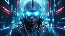 Futuristic 3D Illustration Of A Virtual Reality Cyberpunk Man In A High Tech Cyber Suit