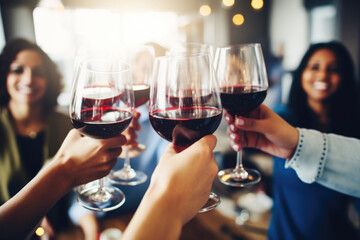 Wall Mural - Group of friends toasting with red wine glasses at a festive lunch party