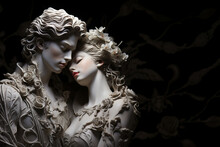A Statue Of A Couple Embracing And Holding Each Other Closely On Black Background With Space For Text, Valentine's Day, Love And Passion, Anniversary, Marriage